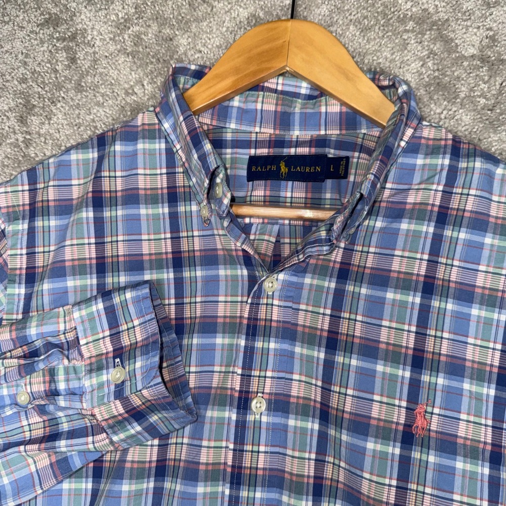 Ralph Lauren Men's Large Blue Pink Plaid Button Down Shirt Long Sleeve L